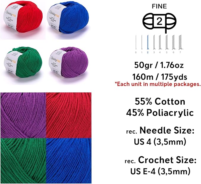 Cotton Yarn Kit - 4 Multicolor Balls Soft Sport Weight Yarn for Crochet & Amigurumi - 50g / 175yds Each & 10 Stitch Markers (H15 - Vibrant-2)
