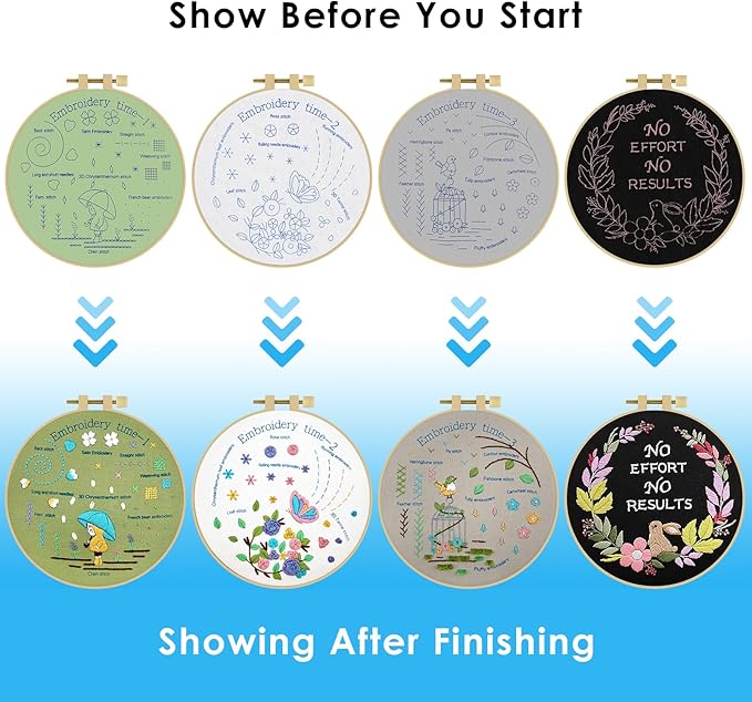 ERKOON 4 Pack Beginner Embroidery Kits for Adults DIY Starter Kit with 33 Stitch Techniques, Stamped Patterns, Embroidery Hoop, Colorful Threads, Tools, Step by Step Instructions & Video Tutorial