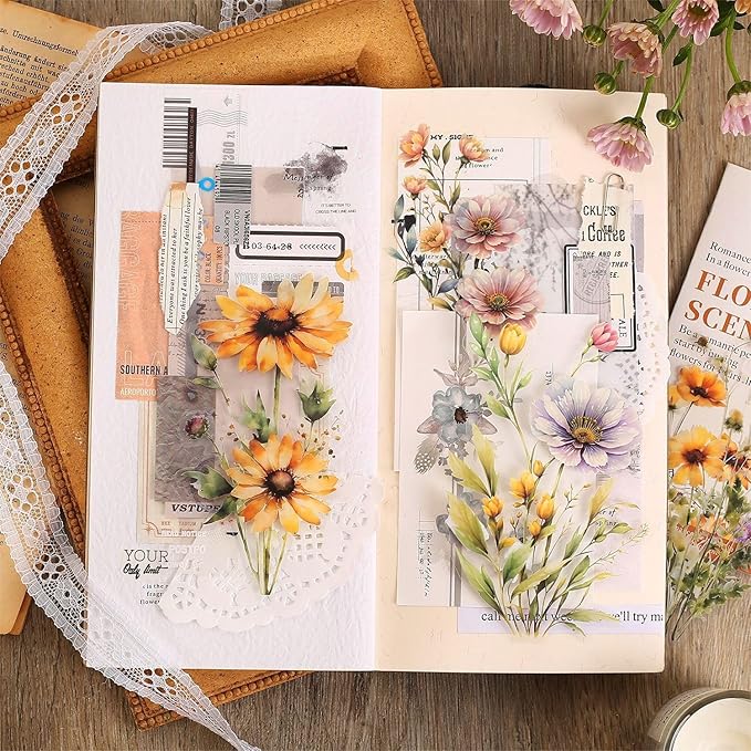 80Pcs Large Flower Stickers - Big 4.7" Waterproof Clear Botanical Floral Journaling Sticker for Scrapbook Junk Journal Supplies Bullet Journals Planner Collage Laptop Paper Crafts