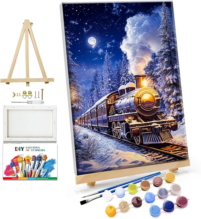 JOOZ Christmas Paint by Numbers Kit for Adults with Frame Train Paint by Number with Easel Christmas Tree Adult Paint by Number Kits Framed DIY Moon Oil Painting Kits for Home Wall Decor 8x12 Inch