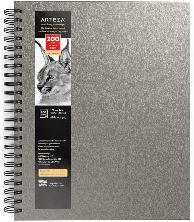 Arteza Sketch Book, 9x12-inch Gray Drawing Pad, 100 Sheets, 68 lb 100 GSM, Hardcover Drawing Book, Spiral-Bound Sketch Pad for Pencils, Charcoal, Pens, Crayons and Other Dry Media