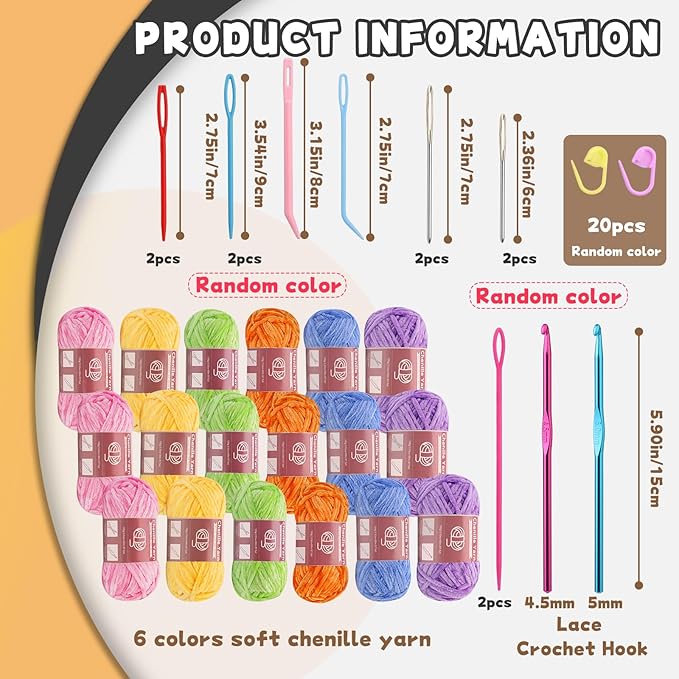 LUNARM 18 Skeins Chenille Yarn for Crocheting, Handmake Weaving Thick Soft Chunky Yarn for Blankets Clothes Crochet Craft with Crochet Hooks Needles Stitch Markers,3.53oz/Skein(Macaron Series)