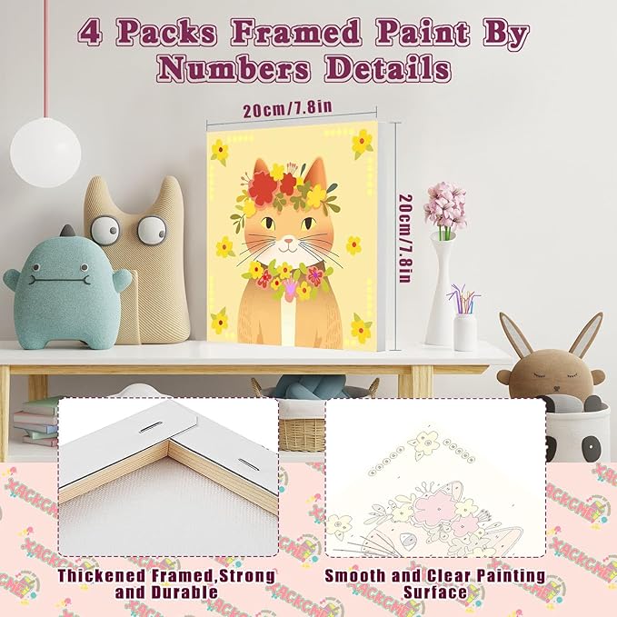 4 Pack Cat Paint by Number for Kids with Wooden Frame, Paint by Numbers for Kids Cats Ages 4-8-12, Easy Cat DIY Acrylic Oil Painting Kits for Home Wall Decor (8X8 inch)