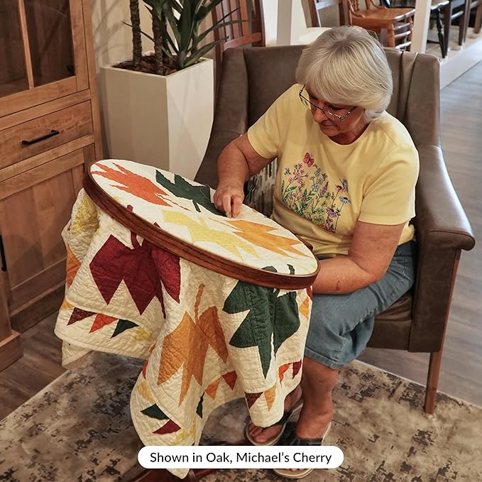 dutchcrafters solid oak wood 22 inch round extra large tilting quilt hoop with stand, quilting frame for hand quilting - amish made in america (michael's cherry)