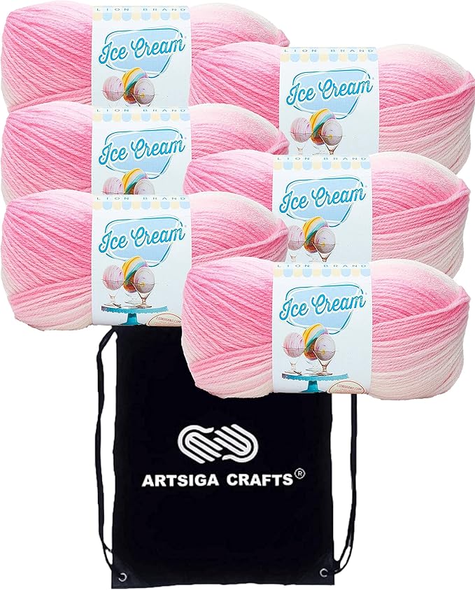 Lion Brand Ice Cream Strawberry 923-207 (6-Skeins - Same Dye Lot) Baby Sport #2 Acrylic Yarn for Crocheting and Knitting with Project Bag