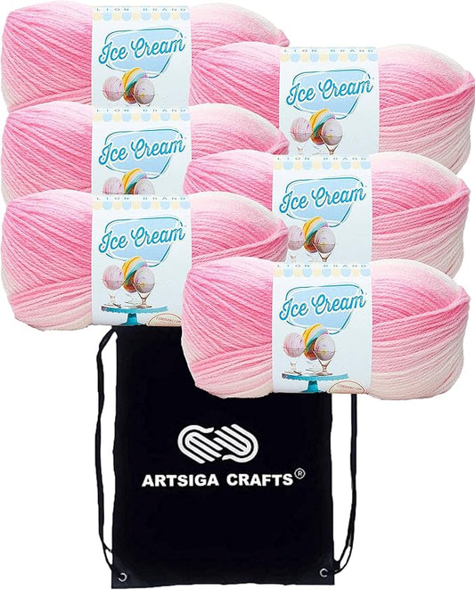 Lion Brand Ice Cream Strawberry 923-207 (6-Skeins - Same Dye Lot) Baby Sport #2 Acrylic Yarn for Crocheting and Knitting with Project Bag