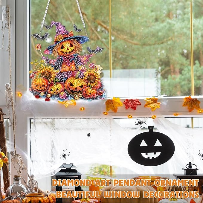 RICUVED Diamond Art Hanging Kit for Adult, Pumpkin Special Shaped Crystal Gem Craft Halloween Diamond Painting Pendant Kit for Beginners, Scarecrow DIY Hanging Diamond Art Ornament Kit for Home Garden