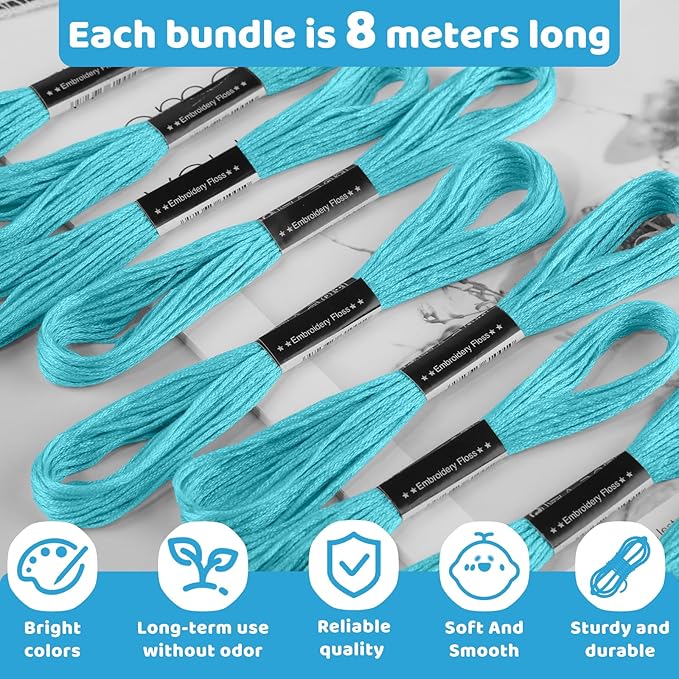 14 Skeins Sky-Blue Embroidery Floss, 8m Cotton Embroidery Thread, Cross Stitch Thread Set for for DIY Making, Embroidery Crafts