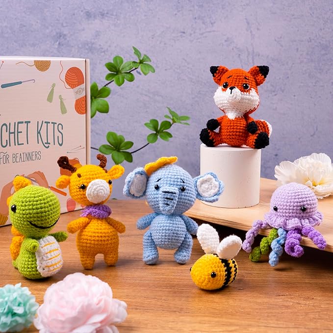 CROBABIO 6Pcs Crochet Kit for Beginners, 2026 DIY Craft for Adults and Kids, Great Gift for Crochet Lovers, Crocheting Animal Kits with Step by Step Videos,Yarn,Crochet Hook,Birthday Holiday Gift