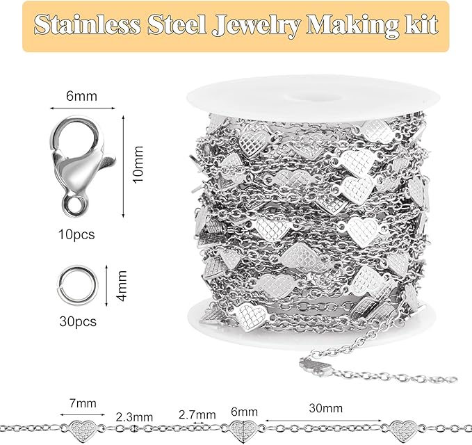 GTVOODX 16.4 Feet Dainty Heart Links Cable Chain for Jewelry Making, Silver Stainless Steel Chain Spool Bulk for Necklace Bracelet Craft DIY Permanent Jewelry Supplies