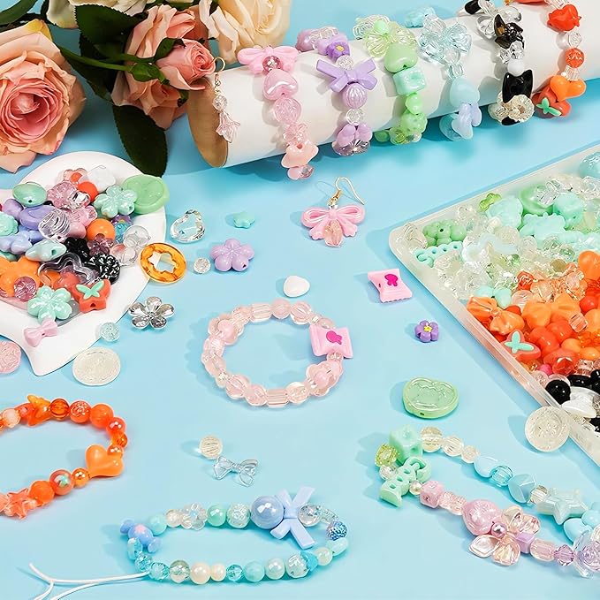 400-450PCS Acrylic Beads for Bracelet Making, Assorted 6 Colors Cute Beads, Flower Bow Candy Bear Kawaii Bracelet Charms for Jewelry Making, Necklace Keychains Phone Charms DIY Crafts Gifts