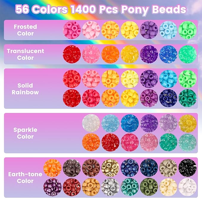 Pizooro Bracelet Making Kit 2400 Pcs Bracelet Beads, 56 Colors Pony Beads in Bead Organizer, 1400 Kandi Beads + 1000 Letter Beads, Jewelry Craft Supplies for Friendship Bracelets, DIY Gifts for Teens
