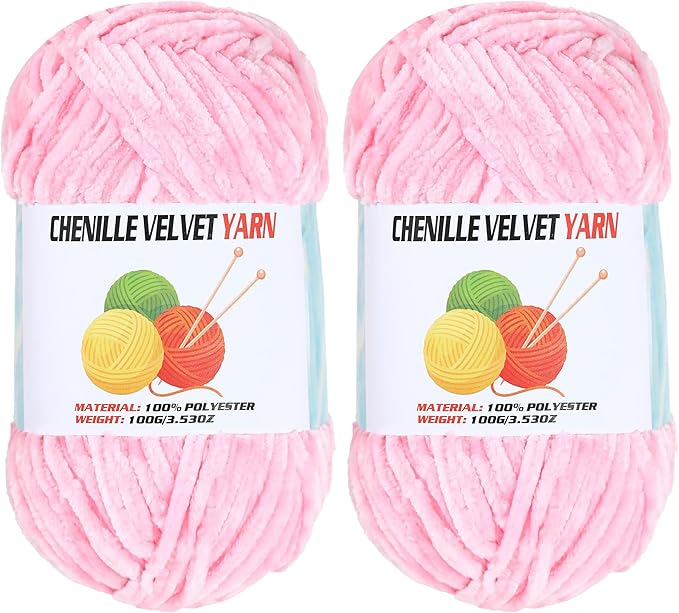2 * 100g Velvet Chenille Chunky Yarn, Handcrafts Weaving Soft Chenille Yarn for Crocheting Clearance, Used for Making Baby Yarn Blanket, Clothes, Knitting Creations (Pink)