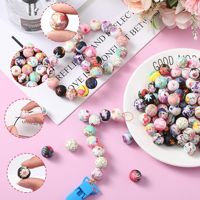 Ferreve 120 Pcs 15mm Silicone Beads Bulk Flower Silicone Beads Floral Print Rubber DIY Bracelet Making Kit for Keychain Making Pens Necklace Jewelry(Flower)