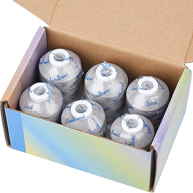 Simthread 6 Silver Polyester Machine Embroidery Threads 1000M(1100Yards) for Brother Babylock Janome Pfaff Singer Bernina Home Embroidery and Sewing Machines (Silver)