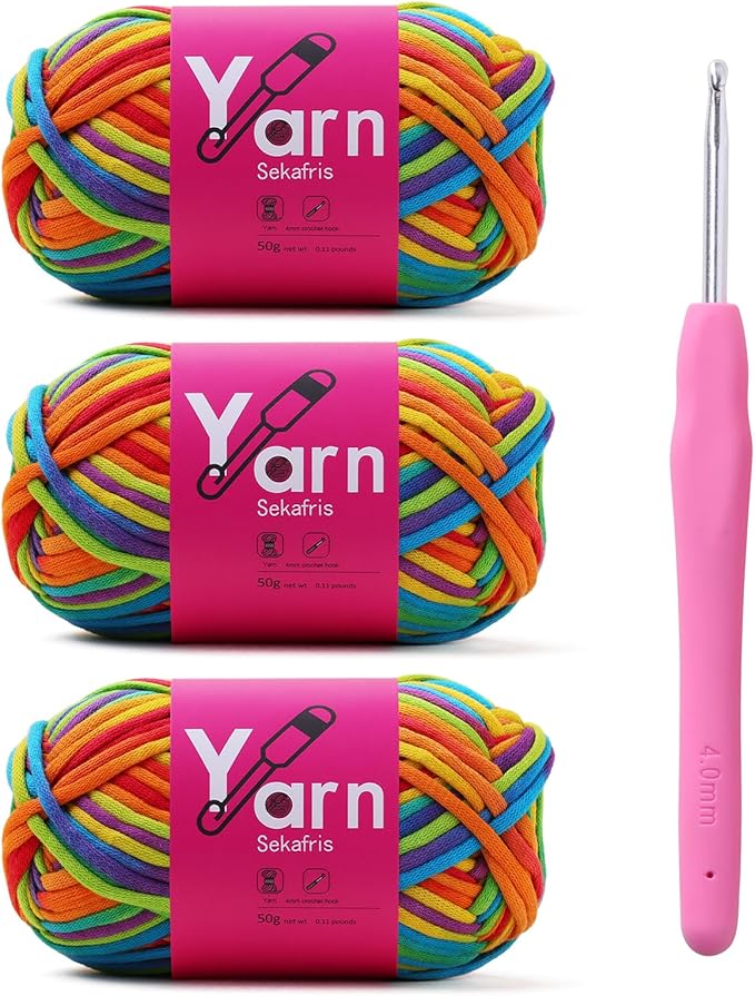 Crochet Yarn with Cotton Yarn for Crocheting - Crochet Knitting Yarn for Beginners with Easy-to-See Stitches - Yarn for Crocheting - Parfait Chunky Yarn -Cotton-Nylon Blend (Rainbow)