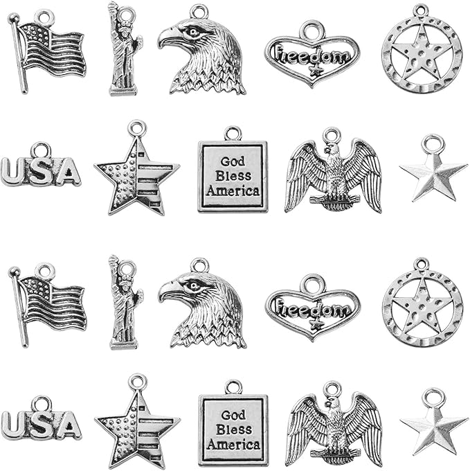 DanLingJewelry 100Pcs 10 Styles Patriotic Charms - Independence Day, Eagle, Flag, Statue of Liberty for Jewelry Making