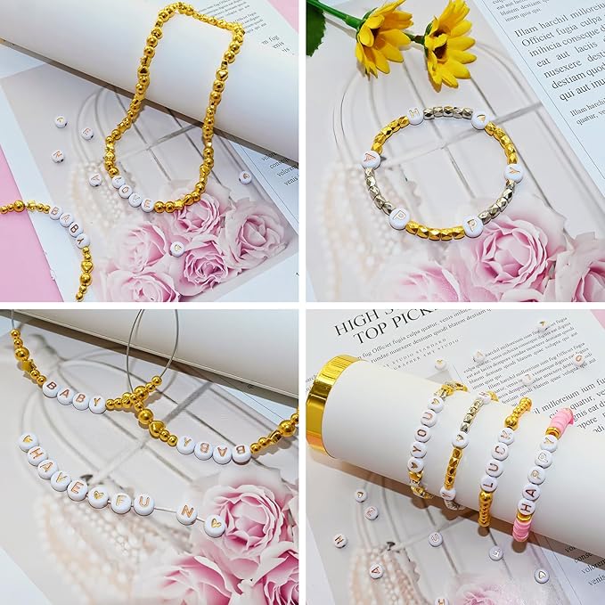 1400pcs Rose Gold Letter Beads 4x7mm White Round Acrylic Alphabet A-Z Heart Pattern Beads and Crystal Line for Jewelry Making Bracelets Necklaces Key Chains