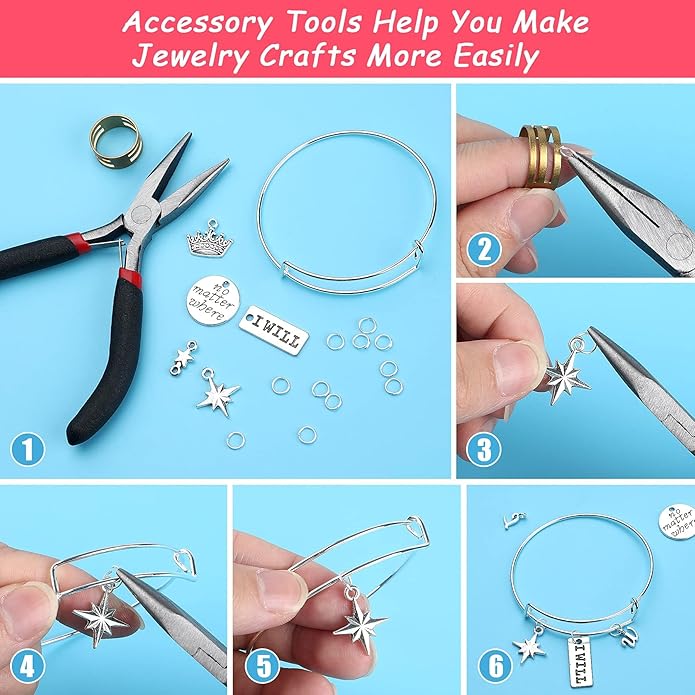 UPINS 544 Pcs Bracelet Earring Making Kit, Expandable Blank Bangles with Charms Tibetan Silver Pendants, Earring Hooks, Earring backs, Jump Rings and Pliers, Jewelry Gift for Girls DIY Craft