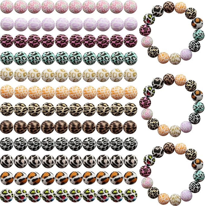 120pcs 15mm Bulk Silicone Beads for Pens, Keychains, Necklaces and Bracelets - Assorted Rubber Beads Set (Print Leopard)