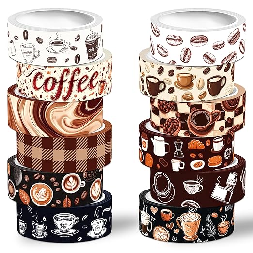 12 Rolls Washi Tape Set, Coffee Themed Decorative Tape Vintage Watercolor Brown Cafe Caffeine Masking Tape for Journaling Supplies,Junk Journal, Scrapbooking,Planner,DIY Arts & Crafts Supplies