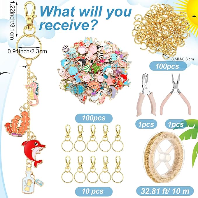 VioraWhite 213 Pcs Lip Gloss Keychain Making Kit 100 Pink Enamel Charms 32.81 ft Gold Chains for DIY Crafts Women (Ocean Theme)