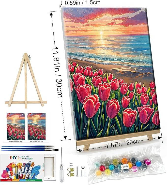ATDMS Paint by Numbers Kit for Adults with Frame, Flowers Paint by Number with Easel,DIY Seaside Sunset Adult Paint by Number Kits Canvas Oil Painting Kit for Home Wall Decor 8 x 12 Inch
