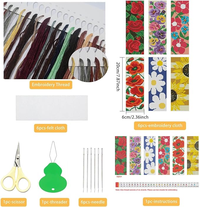 NEGEKFKX 6 Pcs Flower Cross Stitch Bookmark Kit for Adult Beginners,Flowers Cross Stitch Kits 14 CT DIY Crossstitch Kits Adult Stamped Bookmark Embroidery Bookmarks Kit