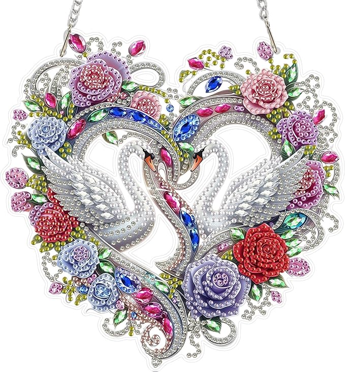 MEIYUDA Valentine's Day Diamond Art Hanging Kits for Adult, Two Swans Diamond Painting Hanging Kits Ornaments, DIY Love Special Shaped Rhinestone Window Pendants kit for Home Garden Wall Decor Gift