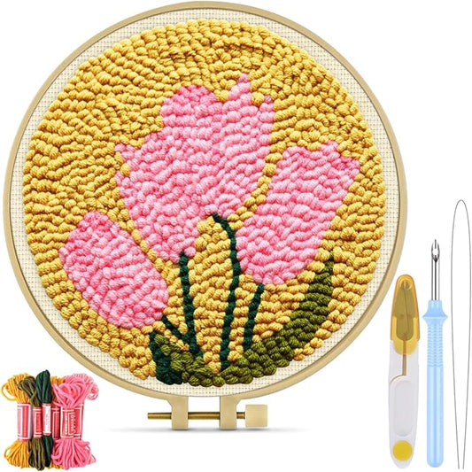 TINDTOP Punch Needle Embroidery Kits, Tulip Punch Needle Kits for Adults Beginner, Tool with Punch Needle Fabric, Hoops, Yarns and Sewing Needles