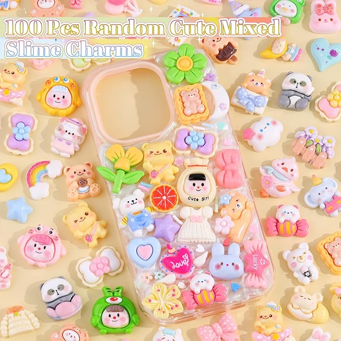 100PCS Slime Charms Cute Flatback Resin Charms for Slime, Random Kawaii Decoden Charm for Embellishments Phone Junk Case Charms Bulk, Hairpins Scrapbooking Crafting & DIY Decoration