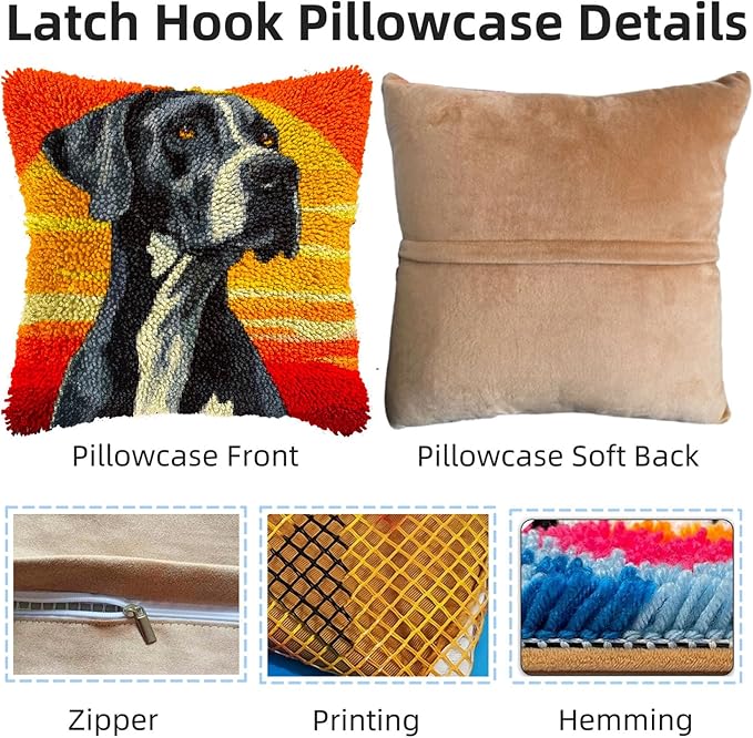 DIY Latch Hook Pillow Kits for Adults Great Dane Dog with Sunset Printed Pillowcase Crochet Yarns Hooking Handmade Pillow Cover Cushion for Home Sofa Decoration 17x17inch-1