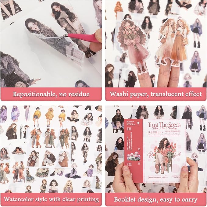 RISYPISY Pre-Cut Women Sticker for Journaling 50 Sheet-300pcs Washi Scrapbook Stickers Ephemera for Adult Junk Journal Supplies Scrapbooking Supplies for Bujo Planner Collage Crafts