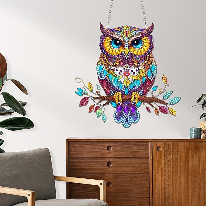 Reofrey Hanging Diamond Art Kits for Adults - 8x8 Inch Owl Animal Acrylic Board Double Sided Pattern Diamond Painting Suncatcher Pendant, Crystal Art for Home Wall or Window Decoration Handmade Gift