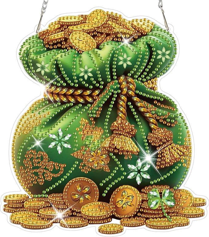 HEIBAGO Bag of Gold Diamond Art Hanging Kits for Adults, Diamond Art Suncatchers, 5D Special Shape Diamond Painting Pendant, DIY Window Ornament Gifts for Home Wall Decor 8.3 x 8.3 Inch