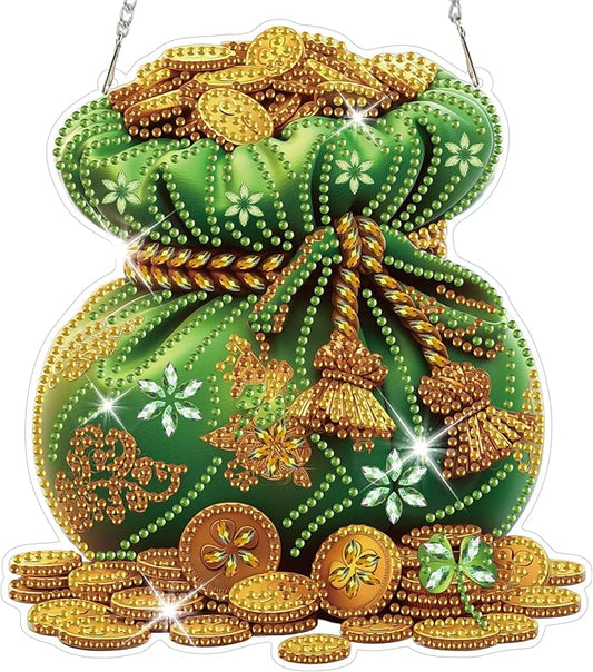 HEIBAGO Bag of Gold Diamond Art Hanging Kits for Adults, Diamond Art Suncatchers, 5D Special Shape Diamond Painting Pendant, DIY Window Ornament Gifts for Home Wall Decor 8.3 x 8.3 Inch