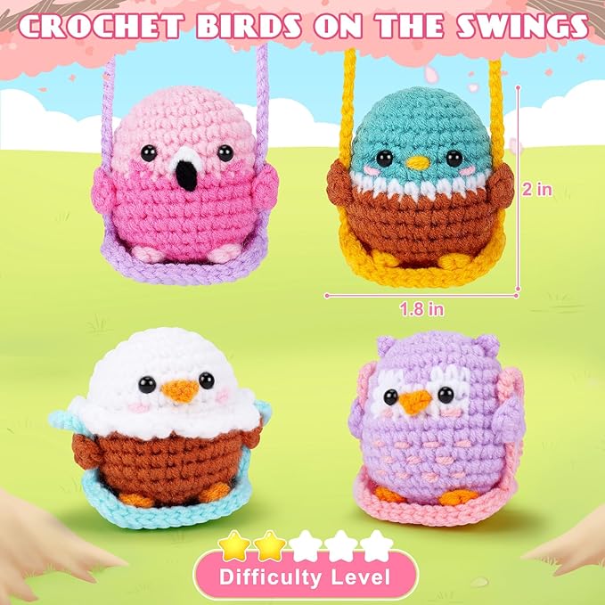 Crochet Kit for Beginners -4 PCS Bird Crochet Kits with Step-by-Step Video Tutorials, Beginner Crochet Kit for Adults, Crochet Birds On The Swings(Mallard Bald Eagle Flamingo Owl)