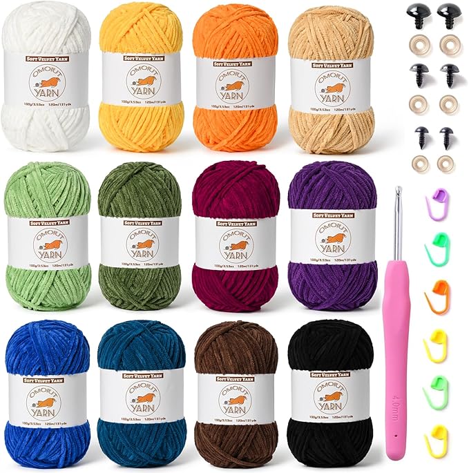 12 Skeins Fluffy Chenille Yarn for Crocheting, Soft Bulky Velvet Yarn for Knitting, Plush Baby Blanket Crochet Yarn, 1572 Yards Multicolor Amigurumi Yarns for Crafts Set E