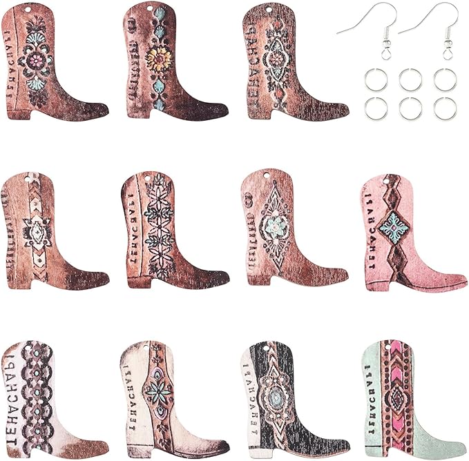 Beadthoven Earrings Making Kit Cowboy Boots Wood Earring Dangle Charms 22pcs Western Cowboy Boot Pendants Assorted Wood Pendants with Earring Hooks Jump Rings for DIY Earrings Jewelry Making Supplies