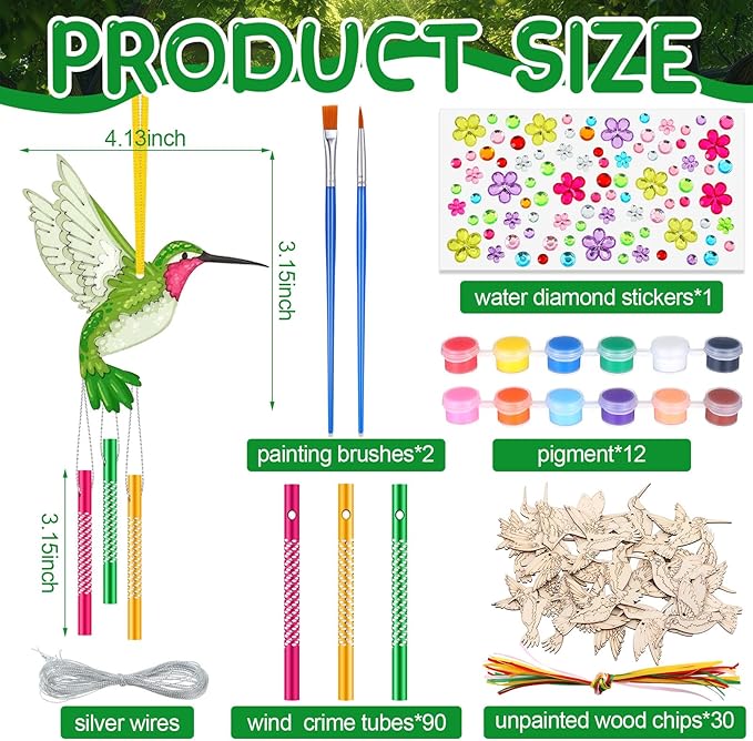JellyArch 30 Pack Spring Hummingbird Wind Chime Craft Kit for Adults Groups, Summer DIY Wooden Art Make Your Own Hummingbird Painting Ornaments for Birthday Activities Decoration