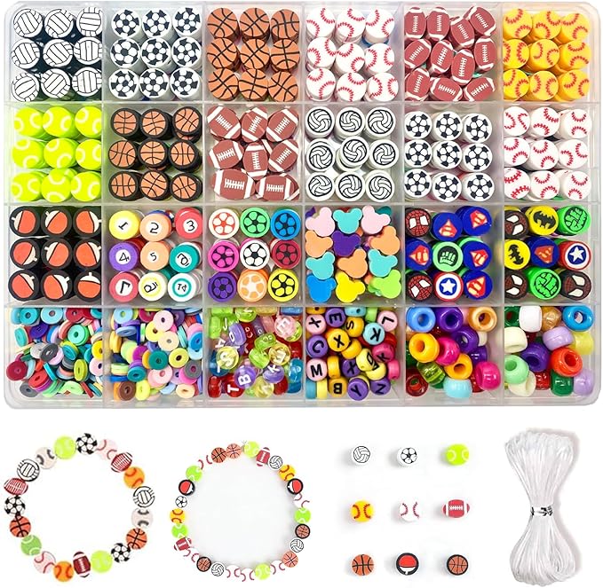 1000PCS Polymer Clay Beads for Bracelet Making, 24 Style Sports Charms incl. Baseball Basketball Soccer Football Rugby Volleyball, DIY Jewelry Making Supplies Kit