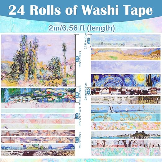 24 Rolls Landscape Washi Tape Set in Oil Painting Style Van Gogh Masking Tapes, Watercolor Scenery Decorative Tapes for DIY Art Crafts Scrapbook Journals Planners Gift Wrapping