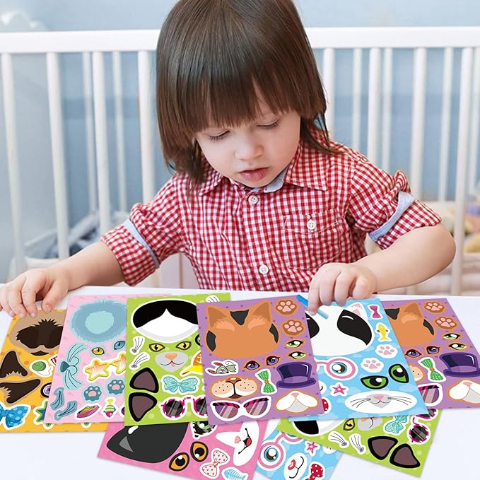 48 sheets cat stickers,make a face stickers for kids, make your own cat sticker, animal sticker for kids 3-5, brithday gift party favors, teacher reward classroom games craft