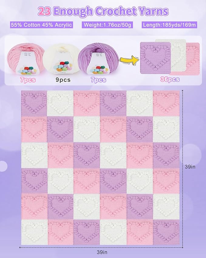Coopay Crochet Blanket Kit for Beginners - 3D Love Granny Square Crochet Kit with Step-by-Step Video & Enough Yarns, Easy Bobble Blanket Kits for Adults, Ideal Gift for Craft Lovers (Pinkish-Purple)