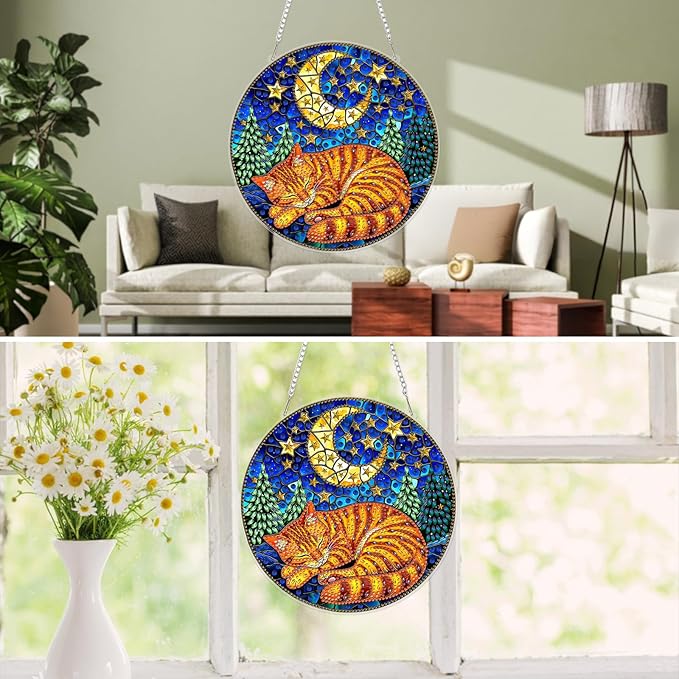 MXJSUA Stained Glass Moon Cat Diamond Painting Art Window Suncatchers, Diamond Art Kits for Adults Hanging Ornaments with Chain, 5D Special Shape Crystal Diamond Pendant Accessories for Decor Gift