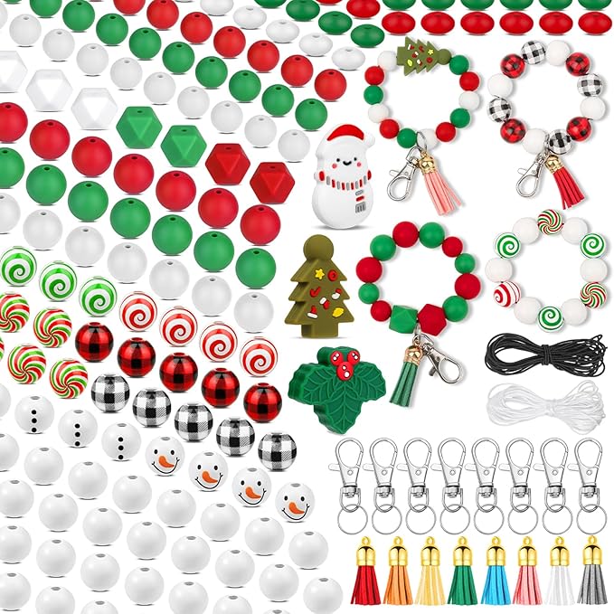 Lucomb 217 PCS Christmas Silicone Beads Bulk 15mm Silicone Beads Xmas Christmas Wooden Beads C y Cane Wood Beads Loose Rubber Beads Abacus Focal Beads Keychain Necklace Making Pens Crafts Ornament