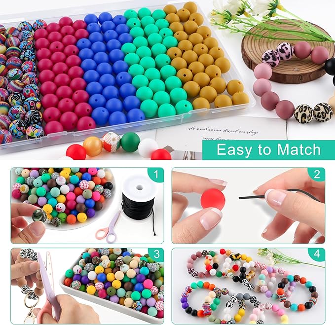 150Pcs Mixed Color 15mm Silicone Beads for Keychain Making, Mustard Blue Magenta Print Silicone Beads for Pens and Bracelet Jewelry Making