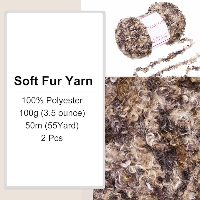 MECCANIXITY 2 Skeins Fur Yarn Soft Fluffy Chunky Yarn Fuzzy Eyelash Yarn Dark Brown for Crocheting Knit Clothes Bag - 55Yard/50m, 3.36ozx2