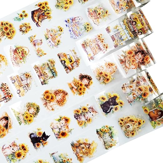 Blooming Sunflower PET Tape Set, 6 Rolls of Pre-Cut Floral Stickers for Journaling, Scrapbook Supplies, DIY Crafts, and Decorative Art