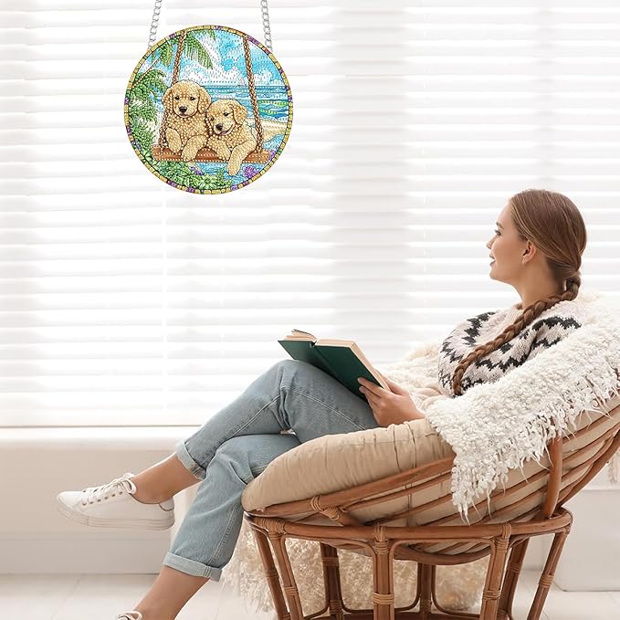 Bimkole Swing Dog Diamond Art Hanging Kit for Adult, DIY 5D Diamond Art Animal Window Pendant, Acrylic Crystal Art Hanging Ornament Home Wall Garden Front Door Sign Outdoor Decor 7.8x7.8 Inch